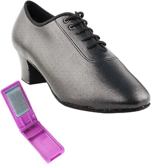 Very Fine Dance Shoes - Ladies Practice, Cuban Low Heel, Waltz Ballroom Dance Shoes - C2001-1.6-inch Heel and Foldable Brush Bundle - Black Leather - 10