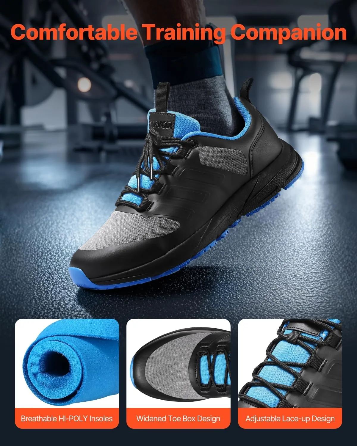 VEVOR Women's Cross W Width Sneakers US Size 13, Wide Toe Box Arch Support & Adjustable Lace-up, Training Shoes for Running, Gymnastics, Dog Walking, and Weightlifting (Black)