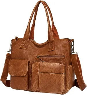 Vintage Vegan Leather Shoulder Bag for Women Large Work Totes Purse Soft Handbag Multi Pocket Travel Satchel