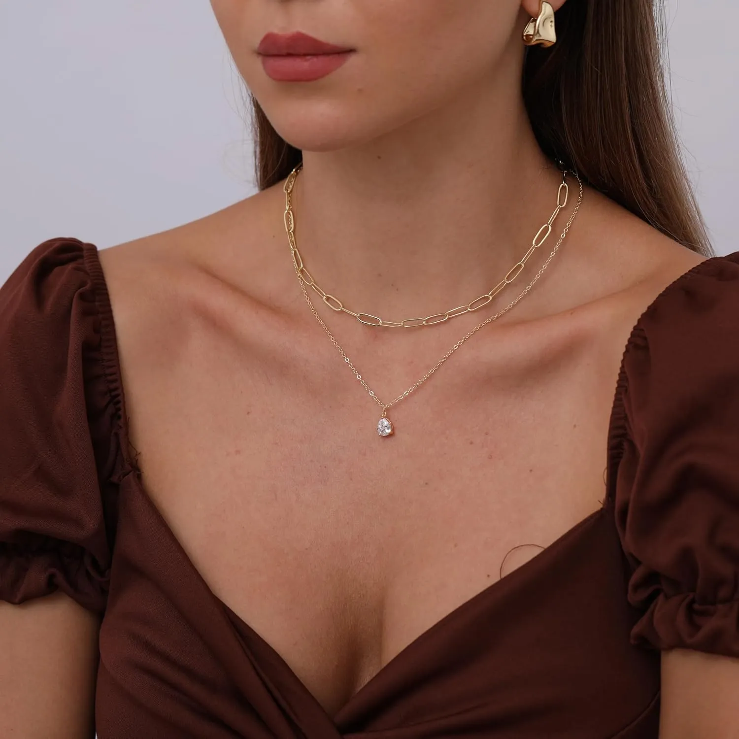 VIROMY Diamond Necklaces for Women 14k Gold Plated Dainty Gold Necklace Silver Necklace for Women Simple Gold Paperclip Choker Necklaces for Women Trendy Women CZ Chain Necklace Layered Necklaces