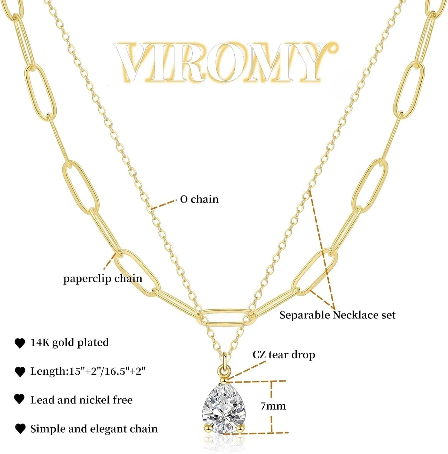 VIROMY Diamond Necklaces for Women 14k Gold Plated Dainty Gold Necklace Silver Necklace for Women Simple Gold Paperclip Choker Necklaces for Women Trendy Women CZ Chain Necklace Layered Necklaces