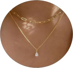 VIROMY Diamond Necklaces for Women 14k Gold Plated Dainty Gold Necklace Silver Necklace for Women Simple Gold Paperclip Choker Necklaces for Women Trendy Women CZ Chain Necklace Layered Necklaces