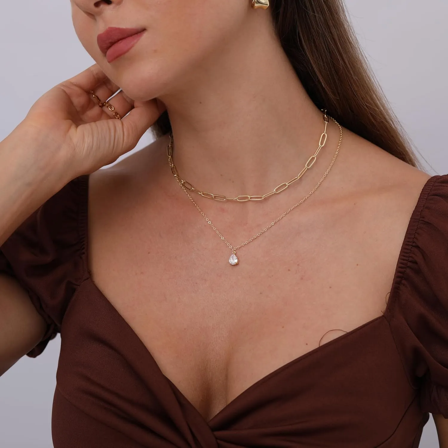 VIROMY Diamond Necklaces for Women 14k Gold Plated Dainty Gold Necklace Silver Necklace for Women Simple Gold Paperclip Choker Necklaces for Women Trendy Women CZ Chain Necklace Layered Necklaces
