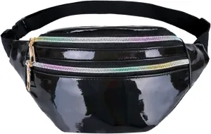 Waist Bag Men And Women Shiny PU Waist Bags Functional Color Single Shoulder Body Bag Men Work Tote (Black, One Size)