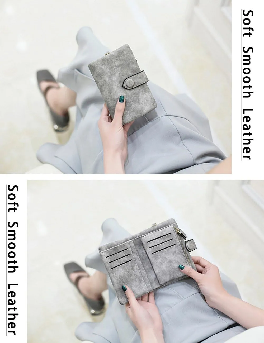 Wallets for Women Bifold Small Rfid Soft Leather Ladies Wallets Trifold Womens Wallets Billfolds Mini Wristlet Clutch Cute Zipper Coin Purse with Wrist Strap