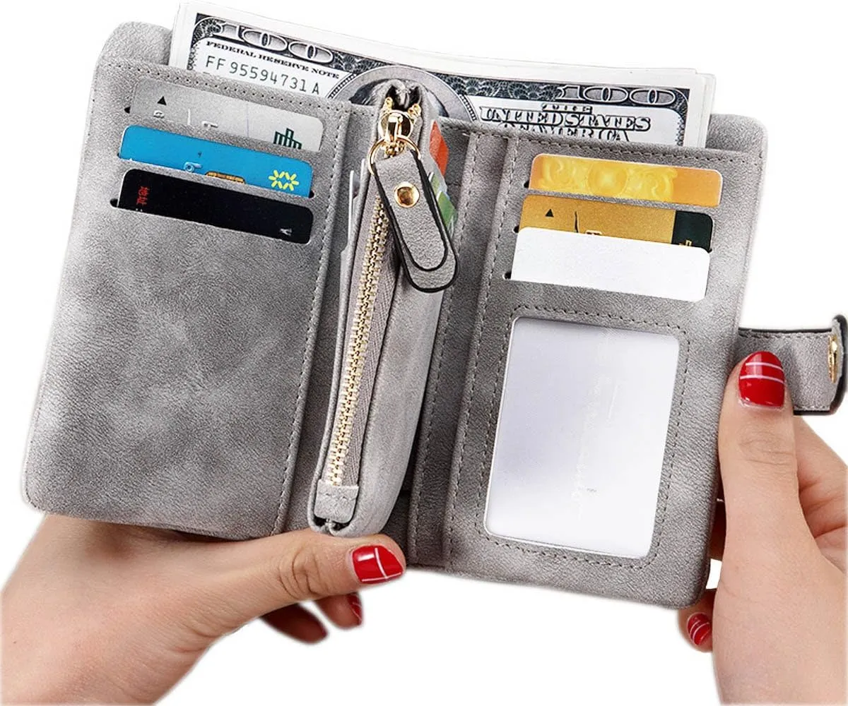 Wallets for Women Bifold Small Rfid Soft Leather Ladies Wallets Trifold Womens Wallets Billfolds Mini Wristlet Clutch Cute Zipper Coin Purse with Wrist Strap
