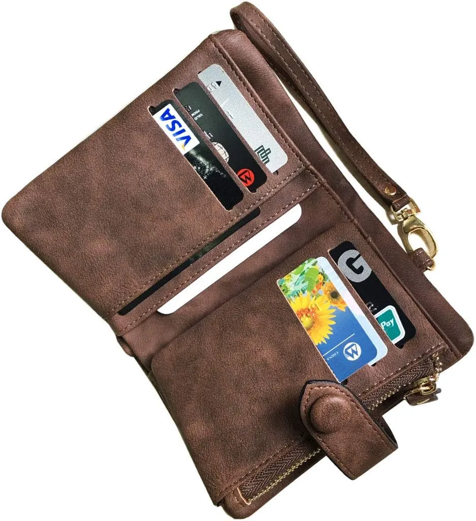 Wallets for Women Bifold Small Rfid Soft Leather Ladies Wallets Trifold Womens Wallets Billfolds Mini Wristlet Clutch Cute Zipper Coin Purse with Wrist Strap