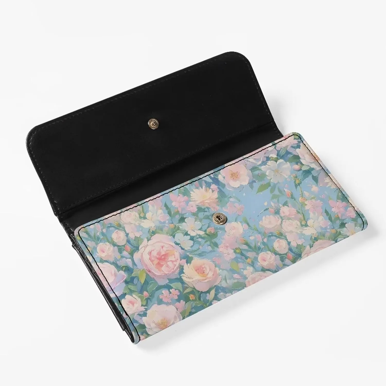 Watercolor Pink Roses Slim Wallets Women Trifold Long Billfold Wallets, Floral PU Leather Credit Card Holder Zipper Clutch Purse