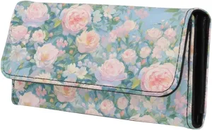 Watercolor Pink Roses Slim Wallets Women Trifold Long Billfold Wallets, Floral PU Leather Credit Card Holder Zipper Clutch Purse