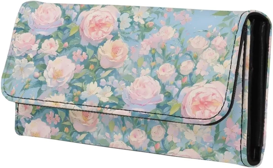 Watercolor Pink Roses Slim Wallets Women Trifold Long Billfold Wallets, Floral PU Leather Credit Card Holder Zipper Clutch Purse