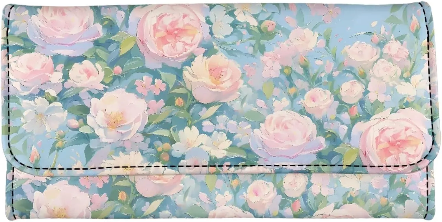 Watercolor Pink Roses Slim Wallets Women Trifold Long Billfold Wallets, Floral PU Leather Credit Card Holder Zipper Clutch Purse