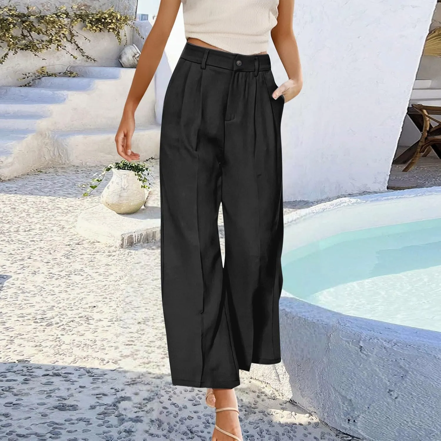 Wide Leg Work Pants for Women Stretchy High Waist Business Office Dressy Casual Slacks Trousers with Pockets