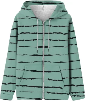 Winter Coats for Women 2024 Trendy Striped Hoodies Long Sleeve Cardigan Jackets Full Zip Drawstring Sweatshirt