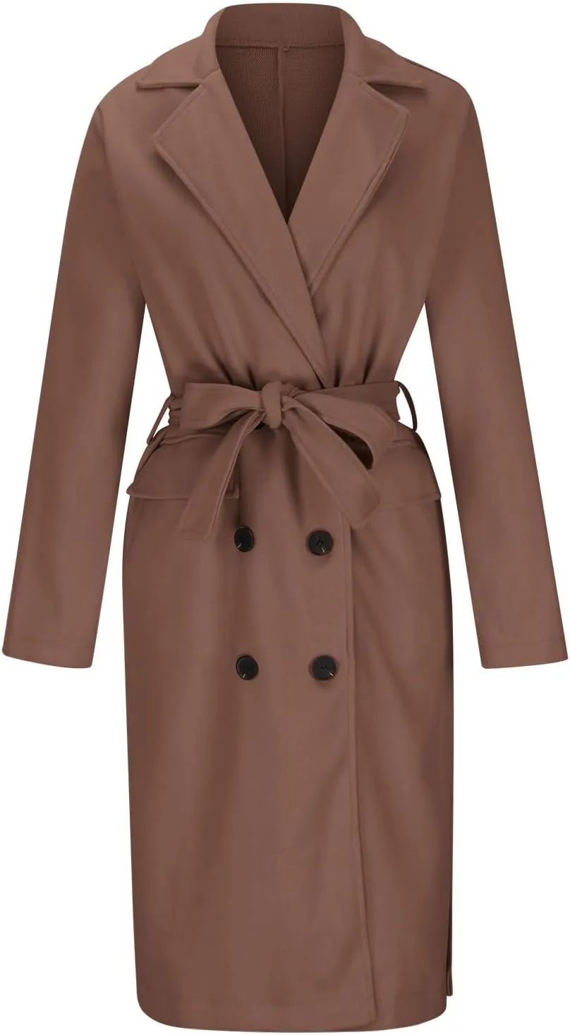 Winter Trench Coat for Women Single Breasted Overcoat Lapel Long A-line Pea Coat Elegant Solid Outerwear with Belt