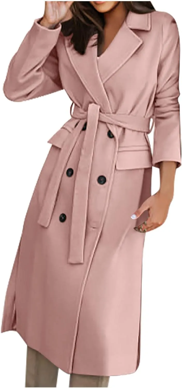 Winter Trench Coat for Women Single Breasted Overcoat Lapel Long A-line Pea Coat Elegant Solid Outerwear with Belt