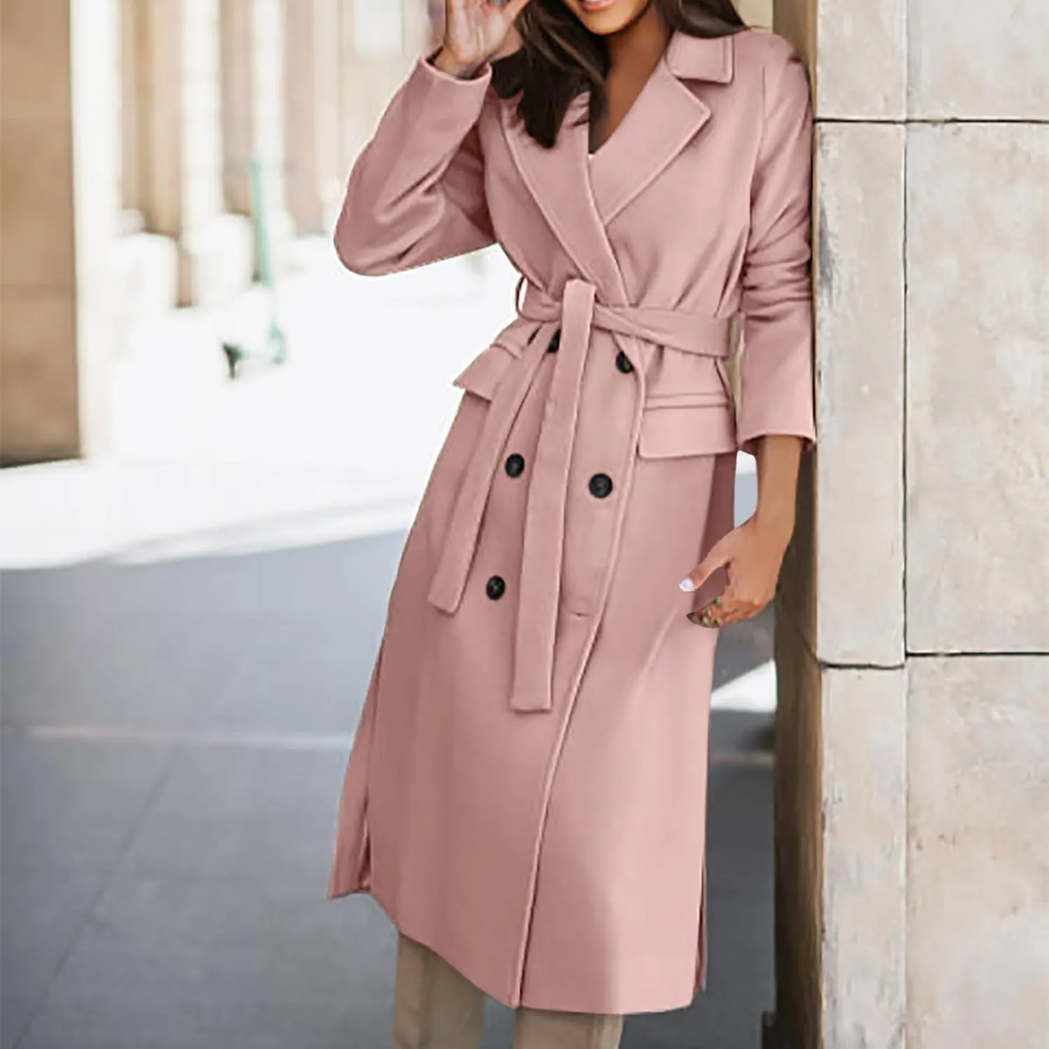Winter Trench Coat for Women Single Breasted Overcoat Lapel Long A-line Pea Coat Elegant Solid Outerwear with Belt