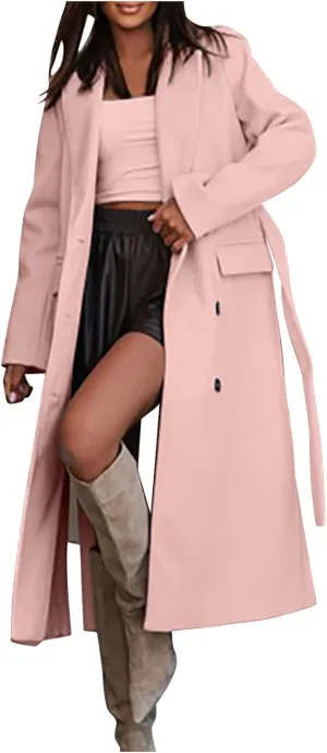 Winter Trench Coat for Women Single Breasted Overcoat Lapel Long A-line Pea Coat Elegant Solid Outerwear with Belt