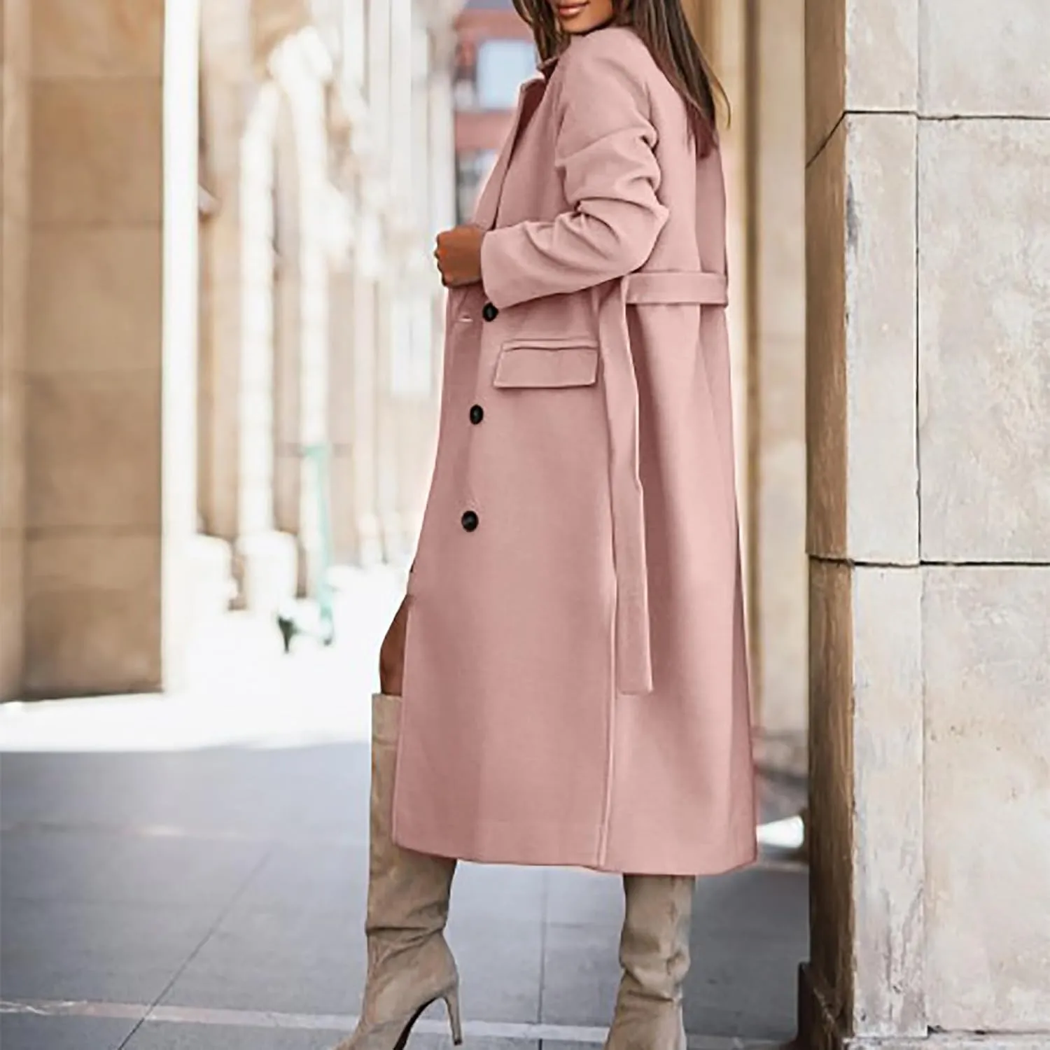Winter Trench Coat for Women Single Breasted Overcoat Lapel Long A-line Pea Coat Elegant Solid Outerwear with Belt