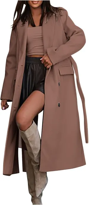 Winter Trench Coat for Women Single Breasted Overcoat Lapel Long A-line Pea Coat Elegant Solid Outerwear with Belt