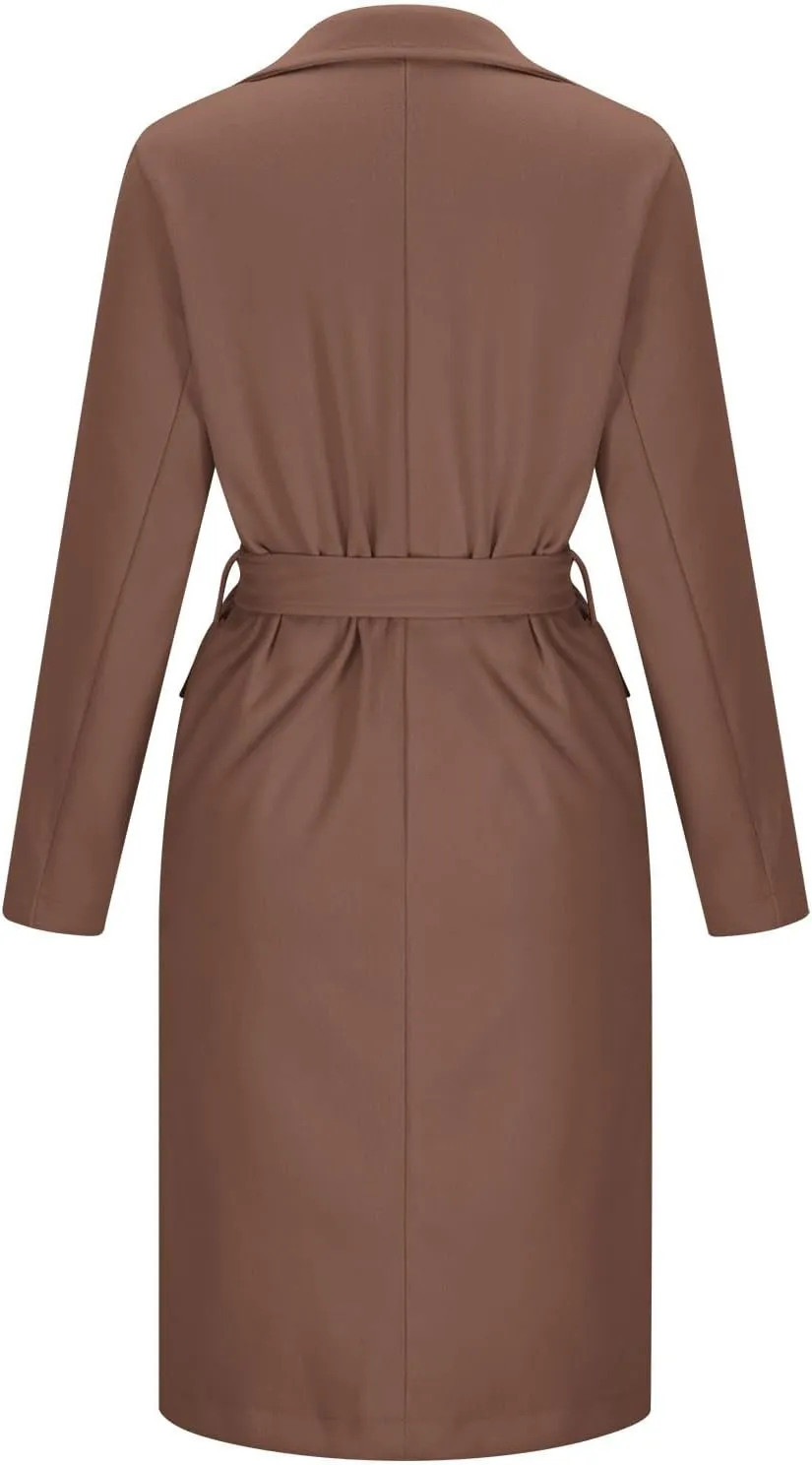 Winter Trench Coat for Women Single Breasted Overcoat Lapel Long A-line Pea Coat Elegant Solid Outerwear with Belt