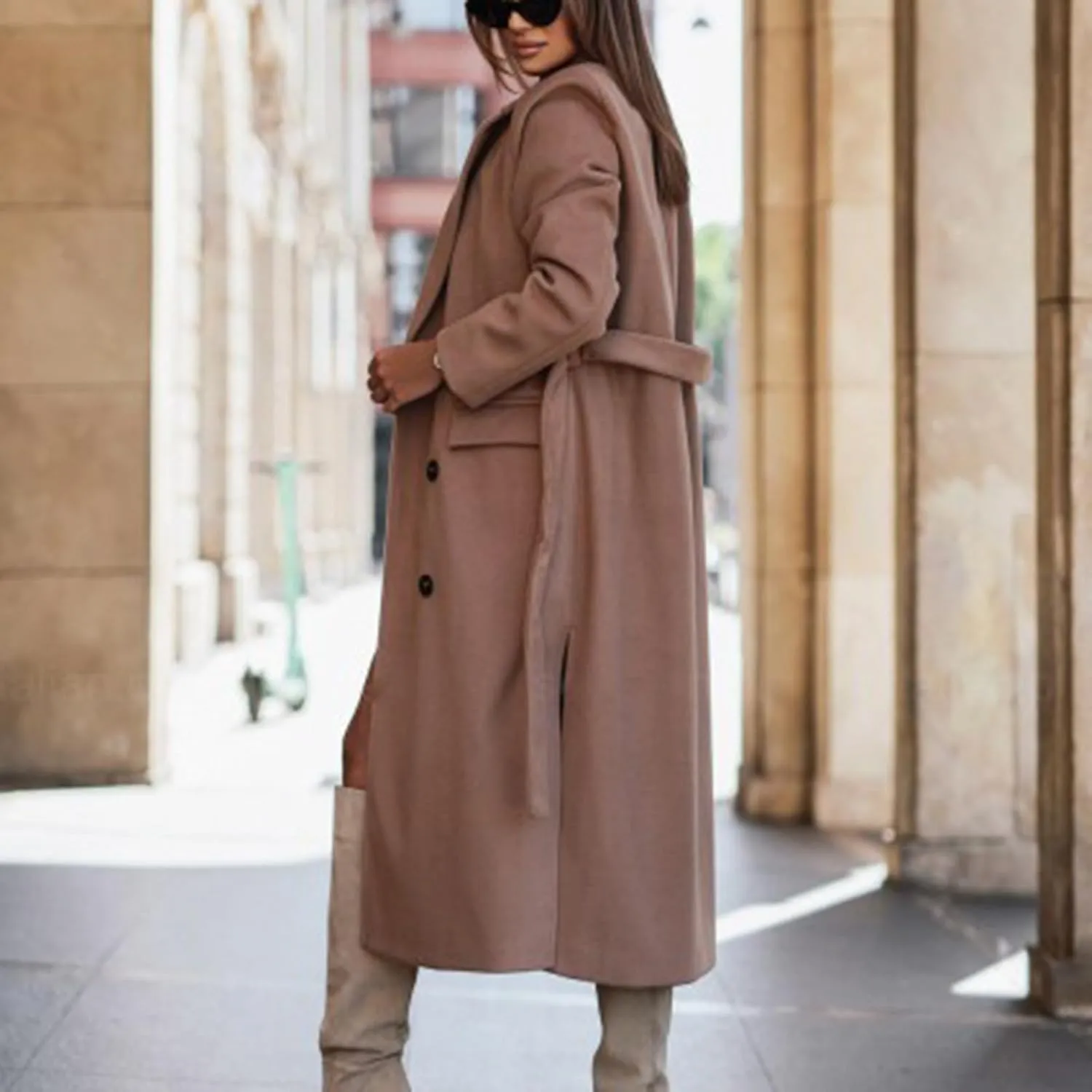 Winter Trench Coat for Women Single Breasted Overcoat Lapel Long A-line Pea Coat Elegant Solid Outerwear with Belt