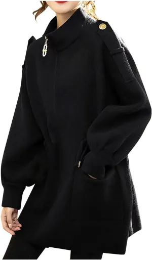 Winter Wool Coats for Women Pea Coat Casual Long Sleeve Full Zip Stand Collar Mid-Long Trench Coats Elegant Peacoat