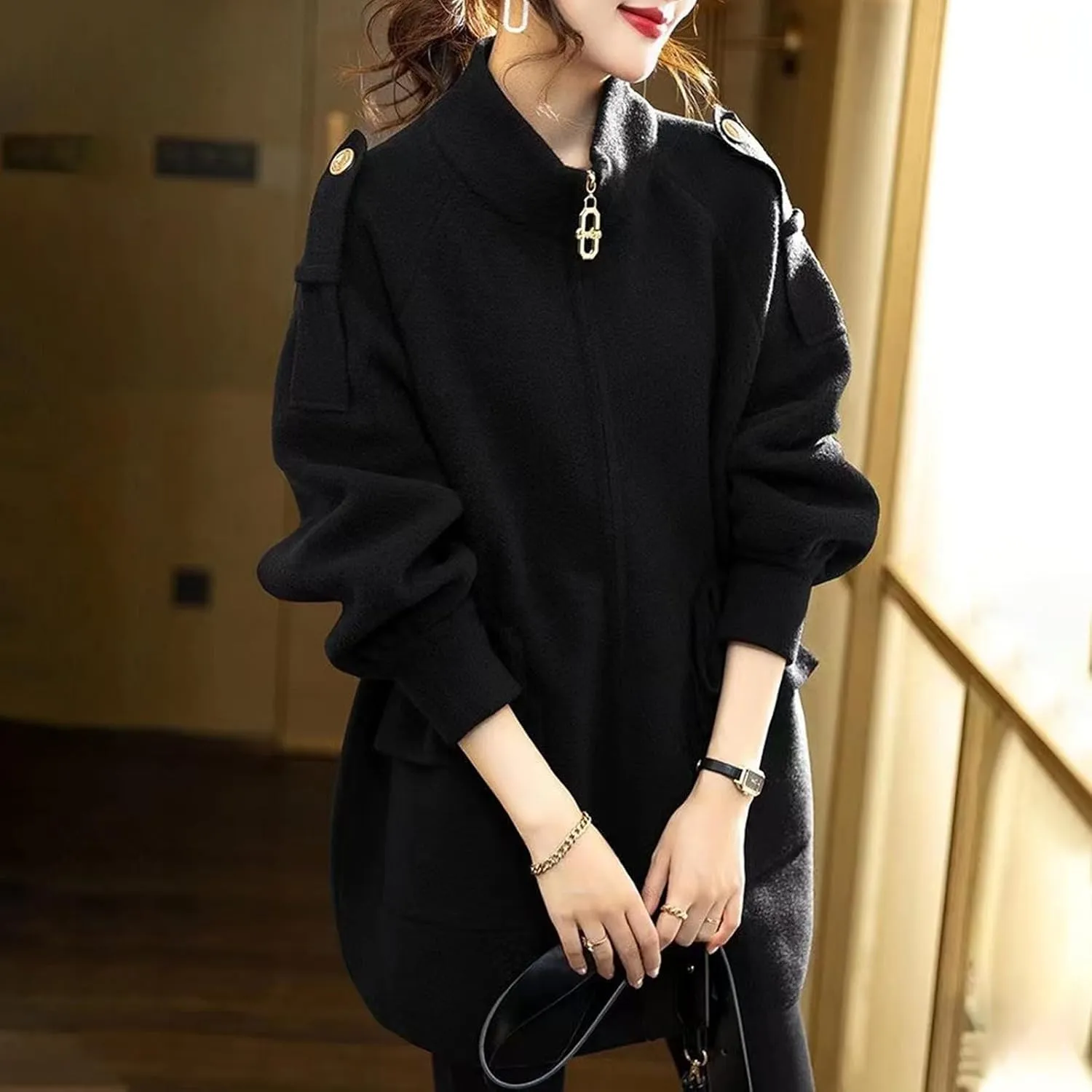Winter Wool Coats for Women Pea Coat Casual Long Sleeve Full Zip Stand Collar Mid-Long Trench Coats Elegant Peacoat