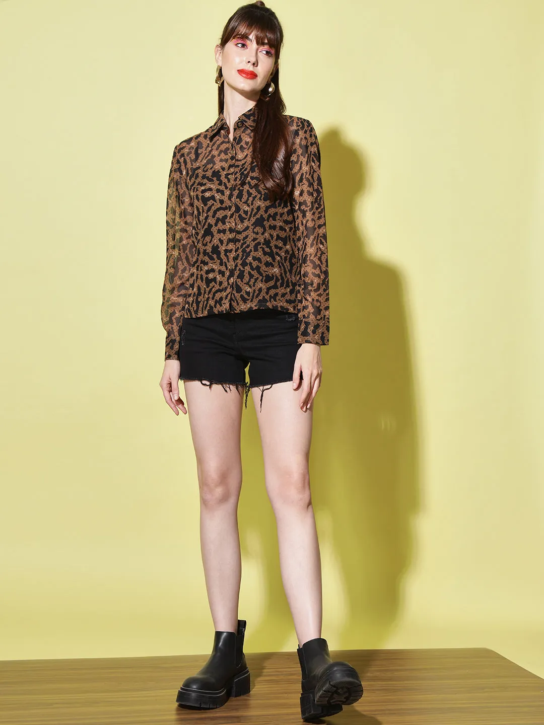 Women Brown Animal Printed Casual Shirt