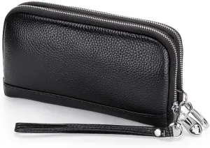 Women Clutch Purse Genuine Leather Double Zipper Money Purses Card Holder Phone Clutches with Wrist Strap (Black)