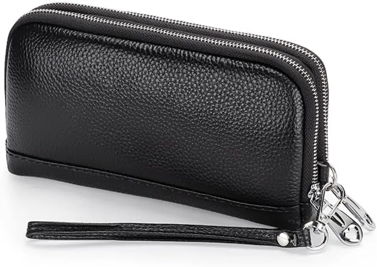 Women Clutch Purse Genuine Leather Double Zipper Money Purses Card Holder Phone Clutches with Wrist Strap (Black)