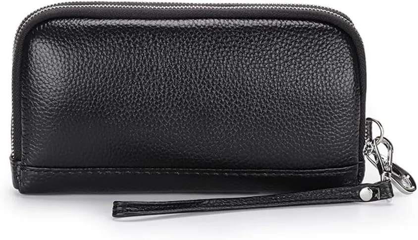 Women Clutch Purse Genuine Leather Double Zipper Money Purses Card Holder Phone Clutches with Wrist Strap (Black)