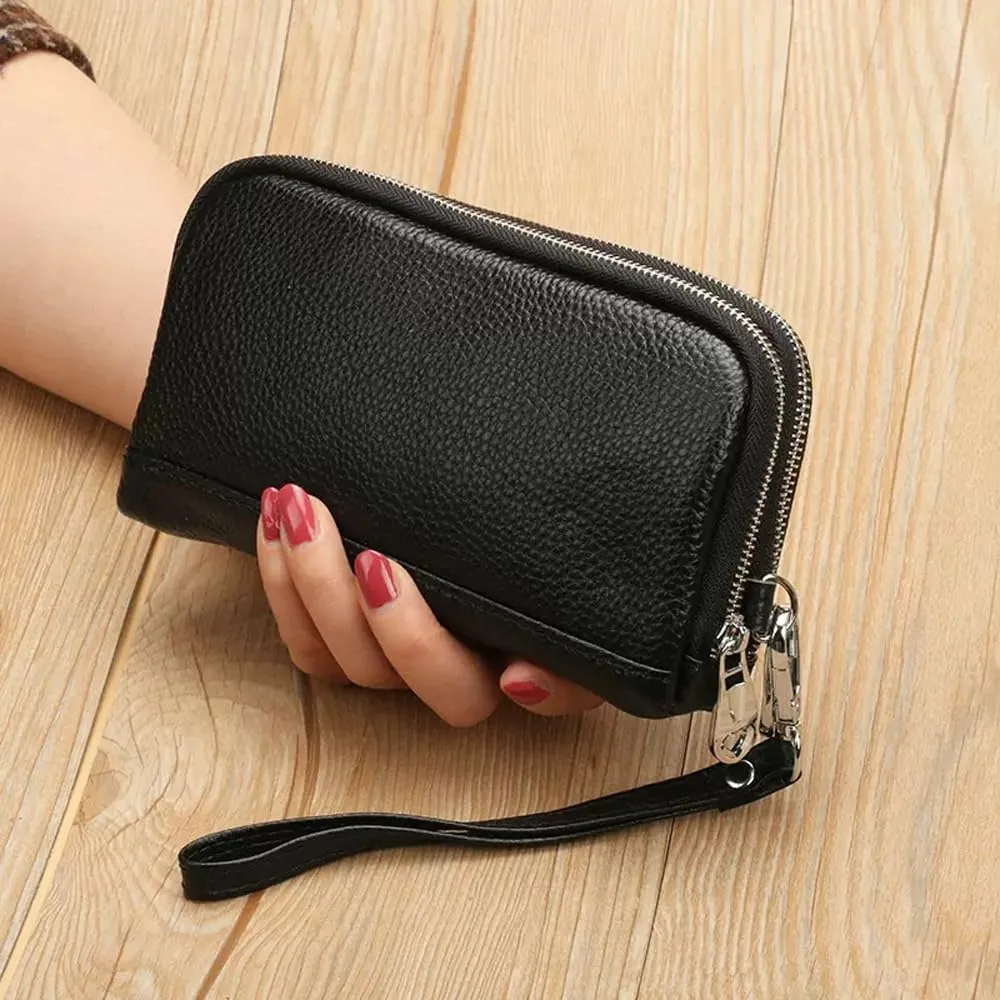 Women Clutch Purse Genuine Leather Double Zipper Money Purses Card Holder Phone Clutches with Wrist Strap (Black)