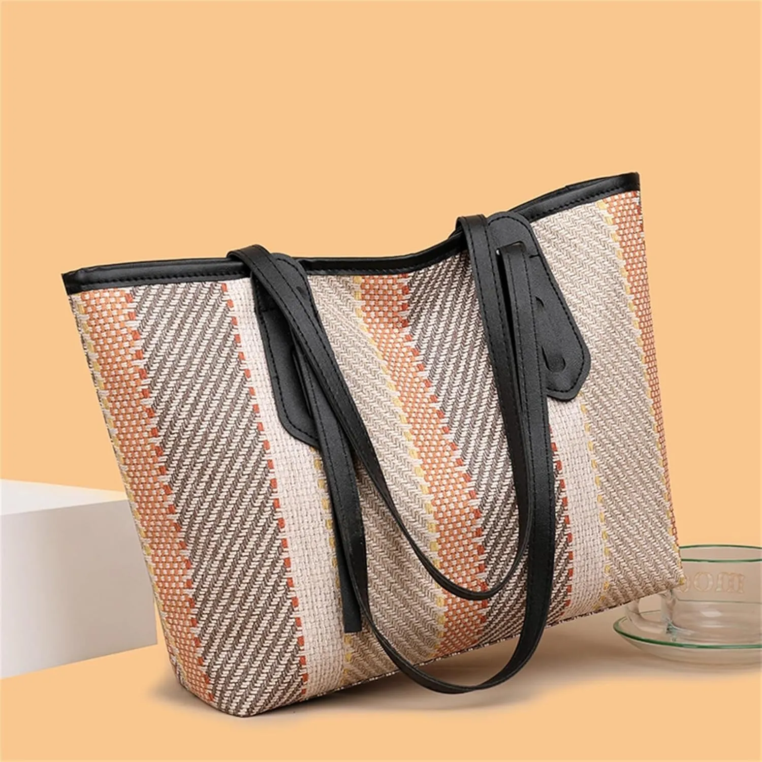 Women Fashion HandBag Canvas Totes Ladies Patchwork Striped Vintage Large Capacity Female Bag Work Travel