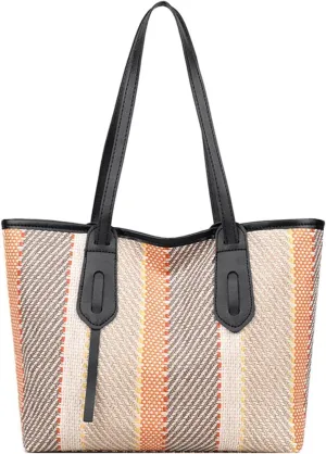 Women Fashion HandBag Canvas Totes Ladies Patchwork Striped Vintage Large Capacity Female Bag Work Travel