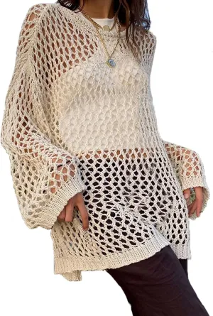 Women Hollow Out Pullover Loose Long Sleeve Crochet Sweater Knitted Oversized Cover Up Vintage Fairycore Grunge Top
