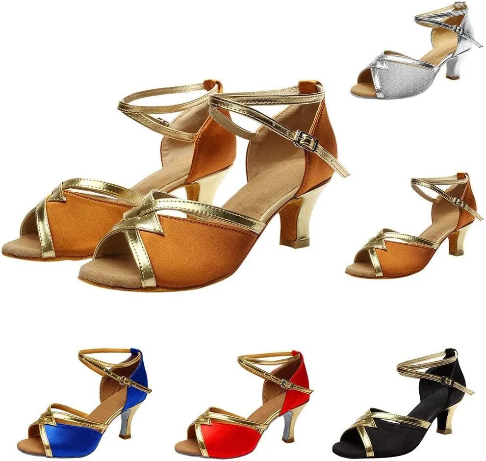 Women Latin Dance Shoes Heels Satin Open Toe Tango Samba ChaCha Ballroom Dancer Practice Shoe Buckle Prom Heeled