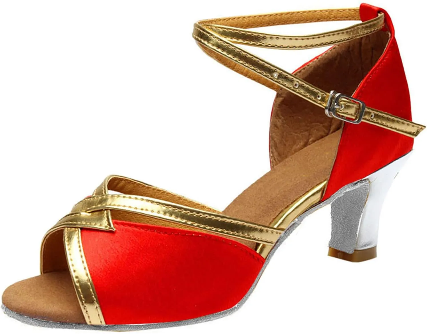 Women Latin Dance Shoes Heels Satin Open Toe Tango Samba ChaCha Ballroom Dancer Practice Shoe Buckle Prom Heeled