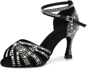 Women Latin Dance Shoes Rhinestones Ballroom Salsa Bachata Practice Performance Dancer Dancing Shoes, Model QRX-L506-9
