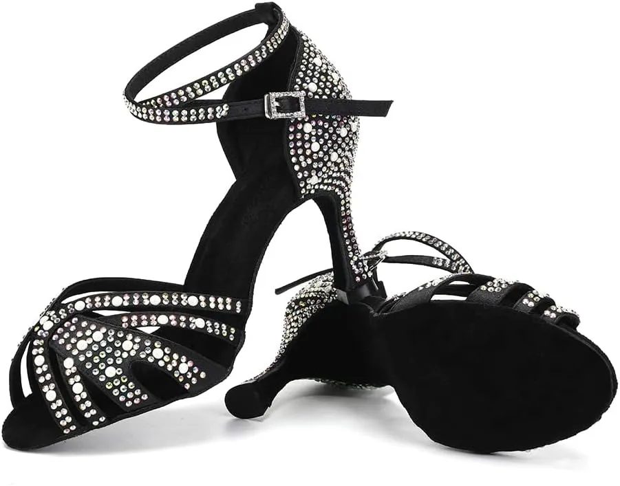 Women Latin Dance Shoes Rhinestones Ballroom Salsa Bachata Practice Performance Dancer Dancing Shoes, Model QRX-L506-9