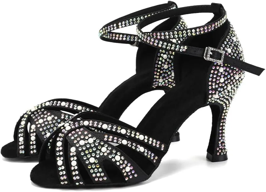 Women Latin Dance Shoes Rhinestones Ballroom Salsa Bachata Practice Performance Dancer Dancing Shoes, Model QRX-L506-9
