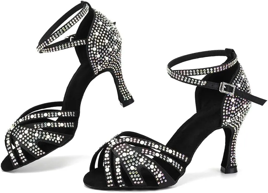 Women Latin Dance Shoes Rhinestones Ballroom Salsa Bachata Practice Performance Dancer Dancing Shoes, Model QRX-L506-9