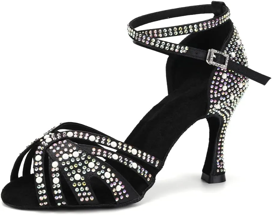 Women Latin Dance Shoes Rhinestones Ballroom Salsa Bachata Practice Performance Dancer Dancing Shoes, Model QRX-L506-9