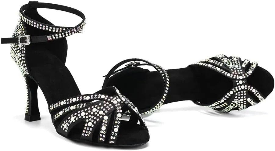 Women Latin Dance Shoes Rhinestones Ballroom Salsa Bachata Practice Performance Dancer Dancing Shoes, Model QRX-L506-9