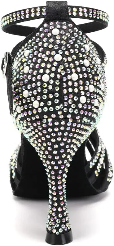 Women Latin Dance Shoes Rhinestones Ballroom Salsa Bachata Practice Performance Dancer Dancing Shoes, Model QRX-L506-9