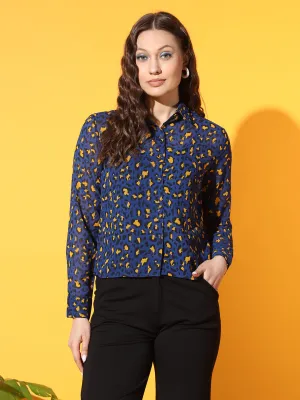 Women Navy Blue Animal Printed Casual Shirt