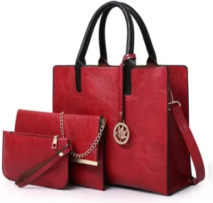 Women PU Leather Tote Hobo Shoulder Crossbody Bags 3pcs Satchel Clutches with Maple Leaf Tag