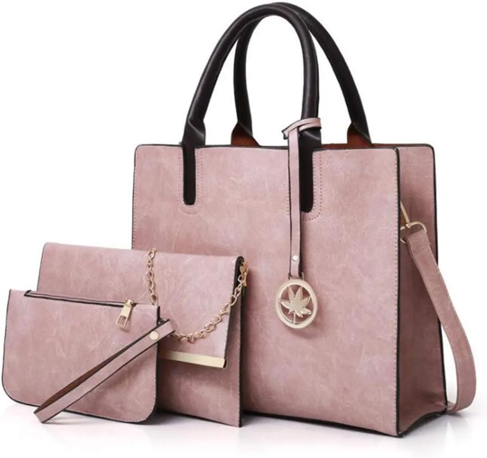 Women PU Leather Tote Hobo Shoulder Crossbody Bags 3pcs Satchel Clutches with Maple Leaf Tag