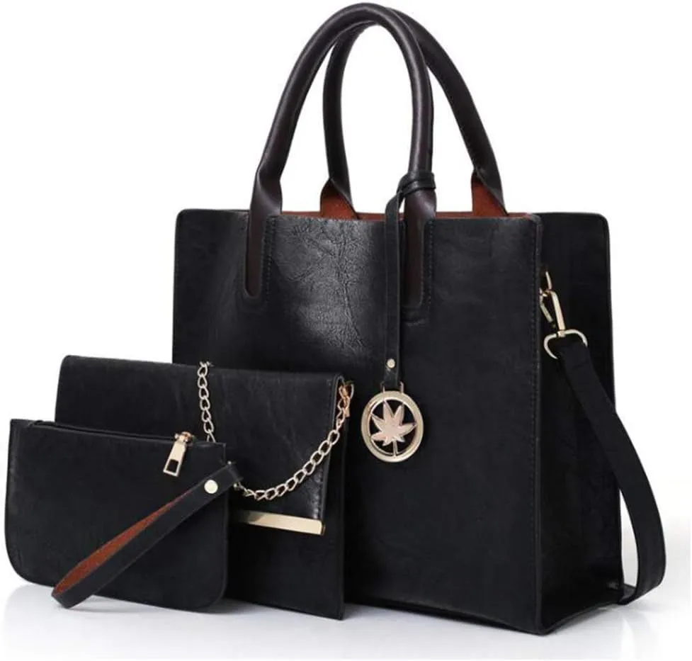 Women PU Leather Tote Hobo Shoulder Crossbody Bags 3pcs Satchel Clutches with Maple Leaf Tag