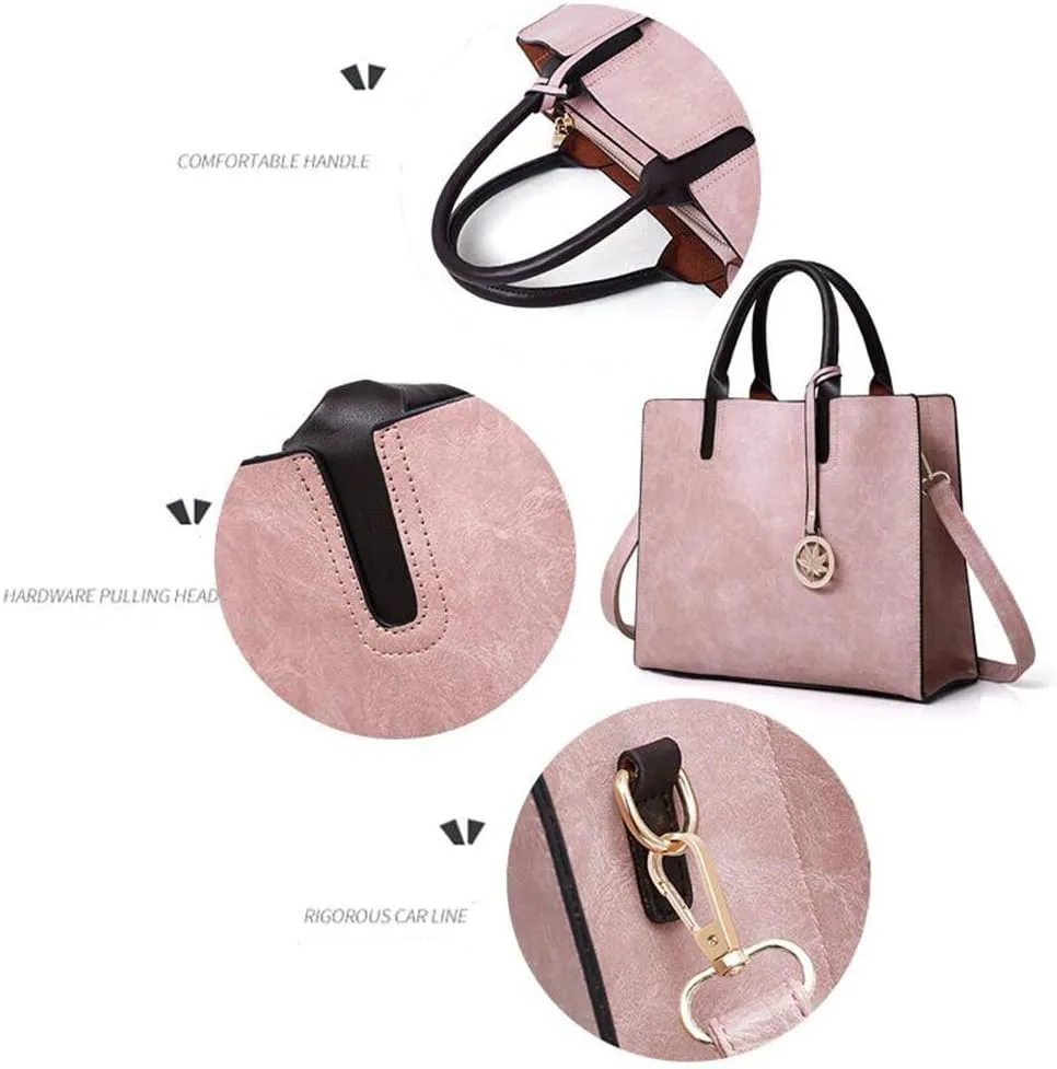 Women PU Leather Tote Hobo Shoulder Crossbody Bags 3pcs Satchel Clutches with Maple Leaf Tag