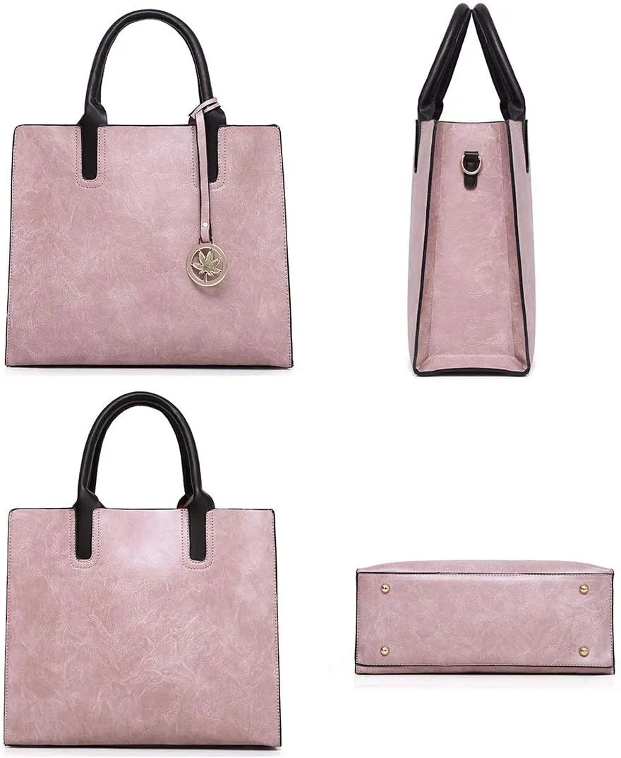 Women PU Leather Tote Hobo Shoulder Crossbody Bags 3pcs Satchel Clutches with Maple Leaf Tag
